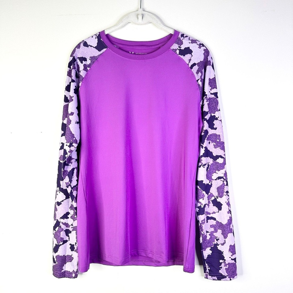 Bassdash Shirt Women M Purple Camo Rash Guard UPF 50+ Long Slv Performance NWOT